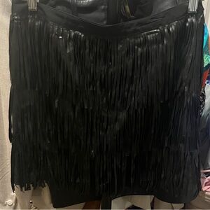 Black Fringe PU Leather Skirt